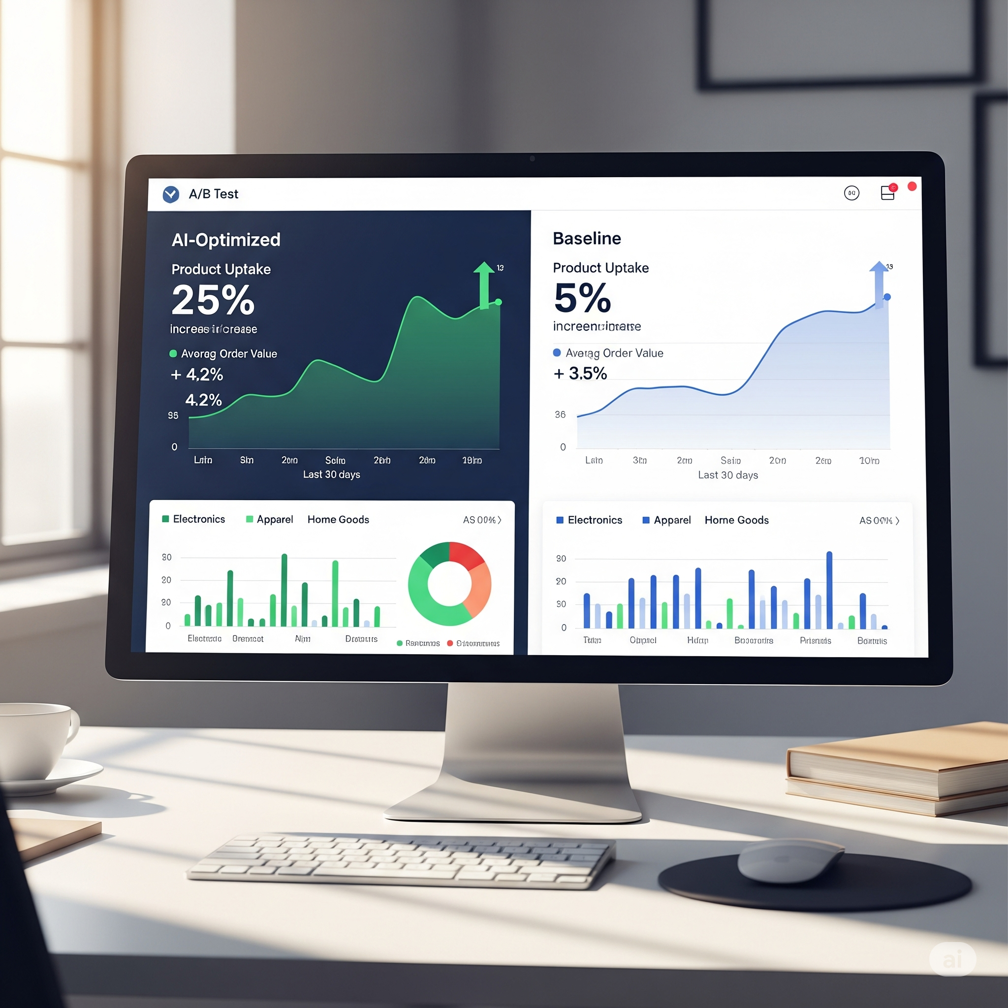 A/B test dashboard comparing AI-optimized and baseline product uptake