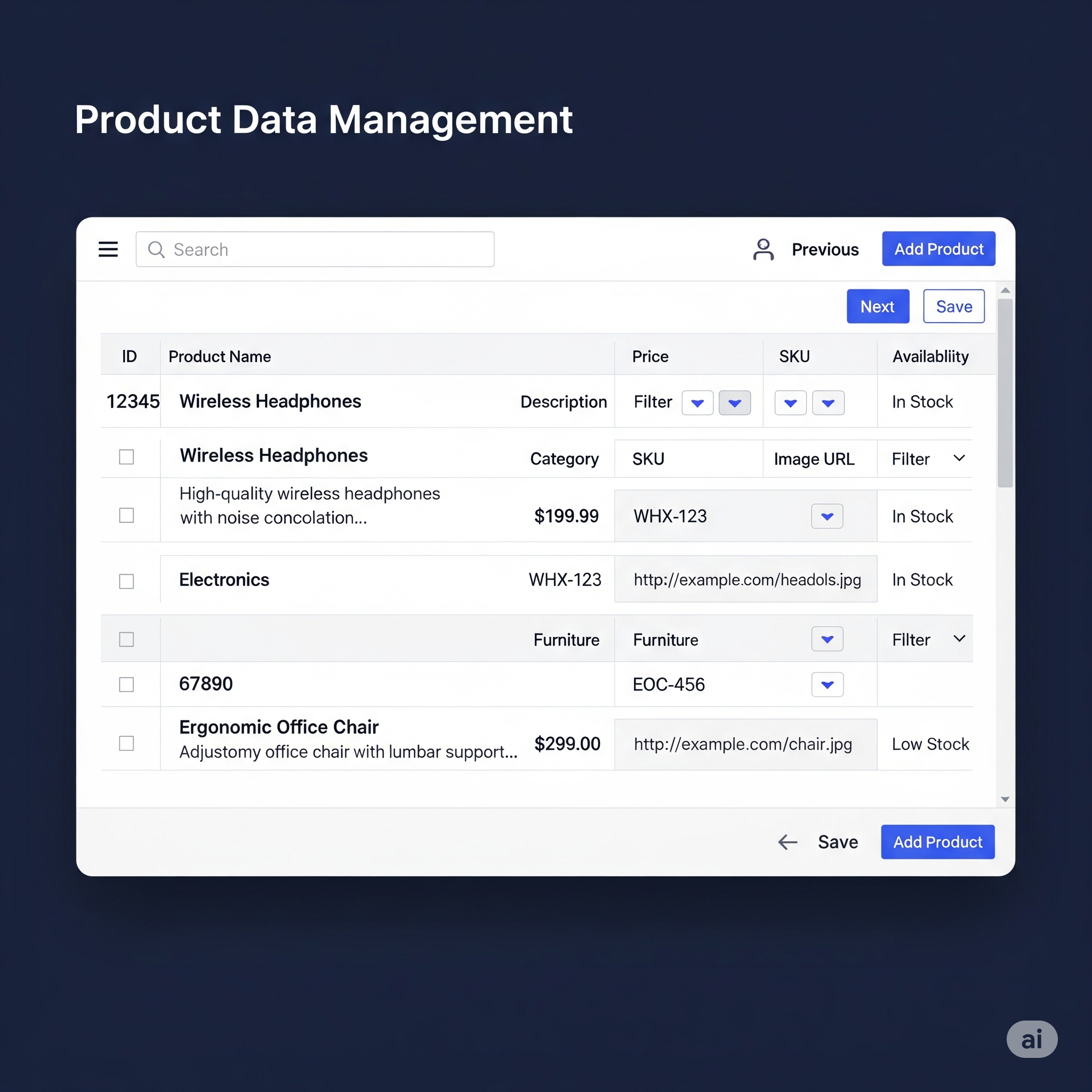 Screenshot of a structured CSV or PIM interface with clean fields for product data